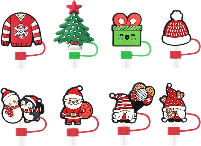 LYLYNB Christmas Straw Toppers 10mm 0.4in Cute Straw Covers Reusable Straws Tips Cover Winter Drinking Straw Topper Santa Claus Dwarf Cute Design Xmas Straw Cover Caps for Stanley Cup Accessories, 8Pcs - Image 1